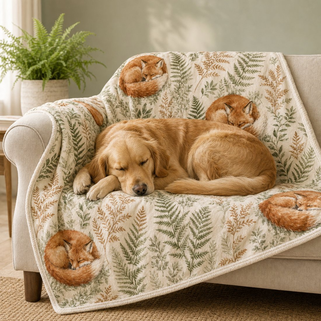A golden retriever asleep on the Sleeping Fox & Fern pet blanket on a linen sofa